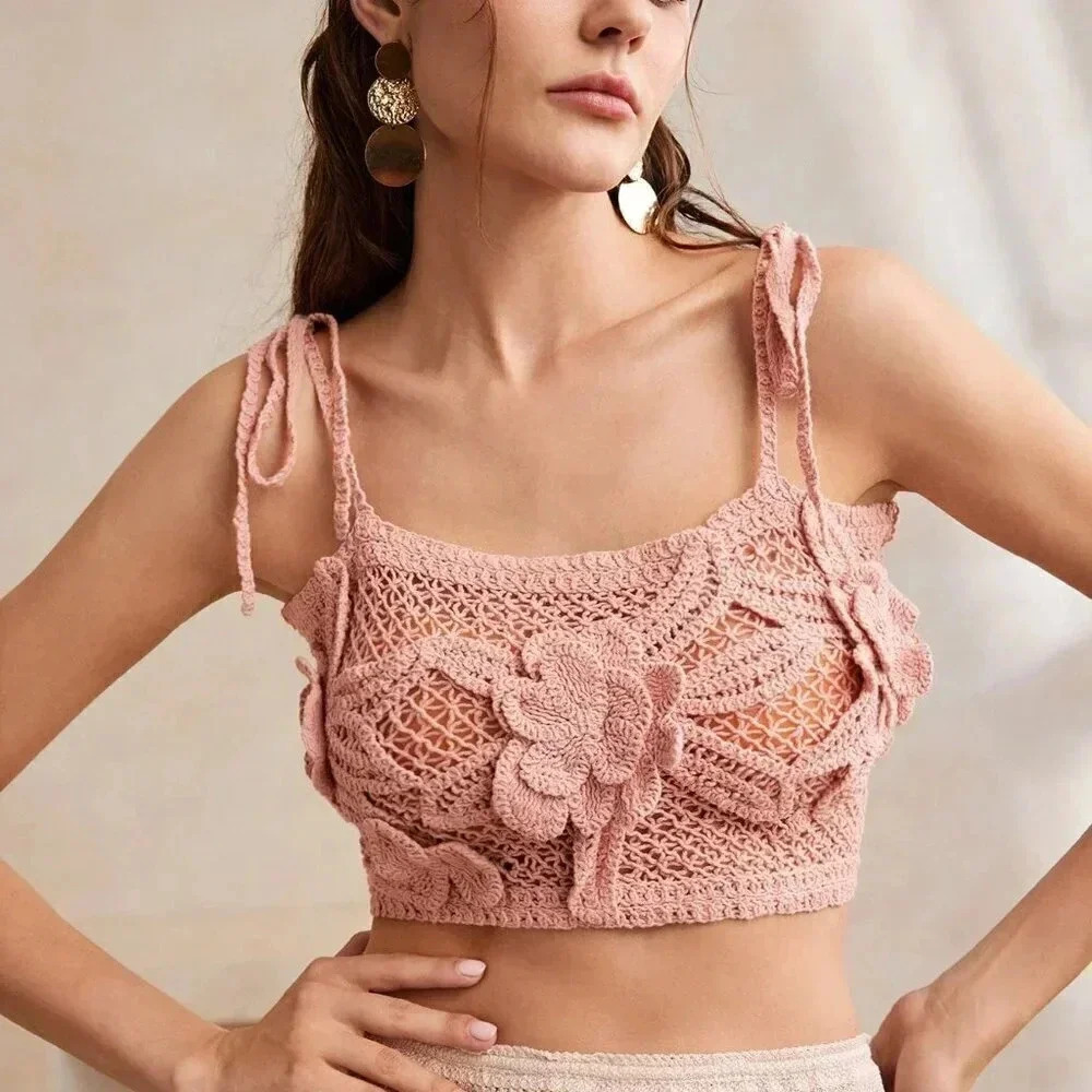 Baby Pink Casual Women's Solid Color Knotted Design Knit Sleeveless Cami Top - Picture 6 of 7